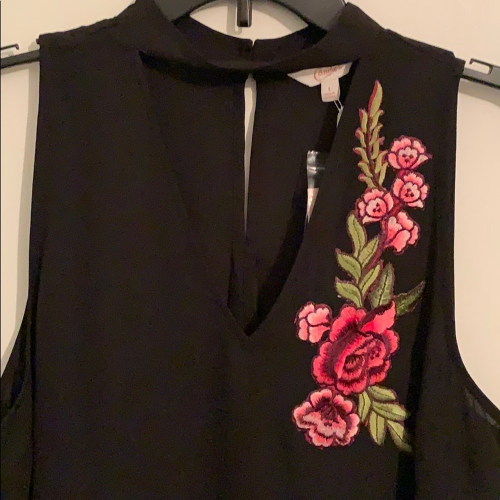 Black dress tank top with embroidered flower